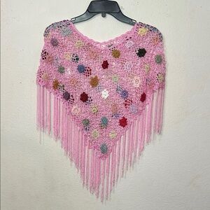 Y2K Vintage Colorful Crochet Poncho with Fringe and Rhinestones
